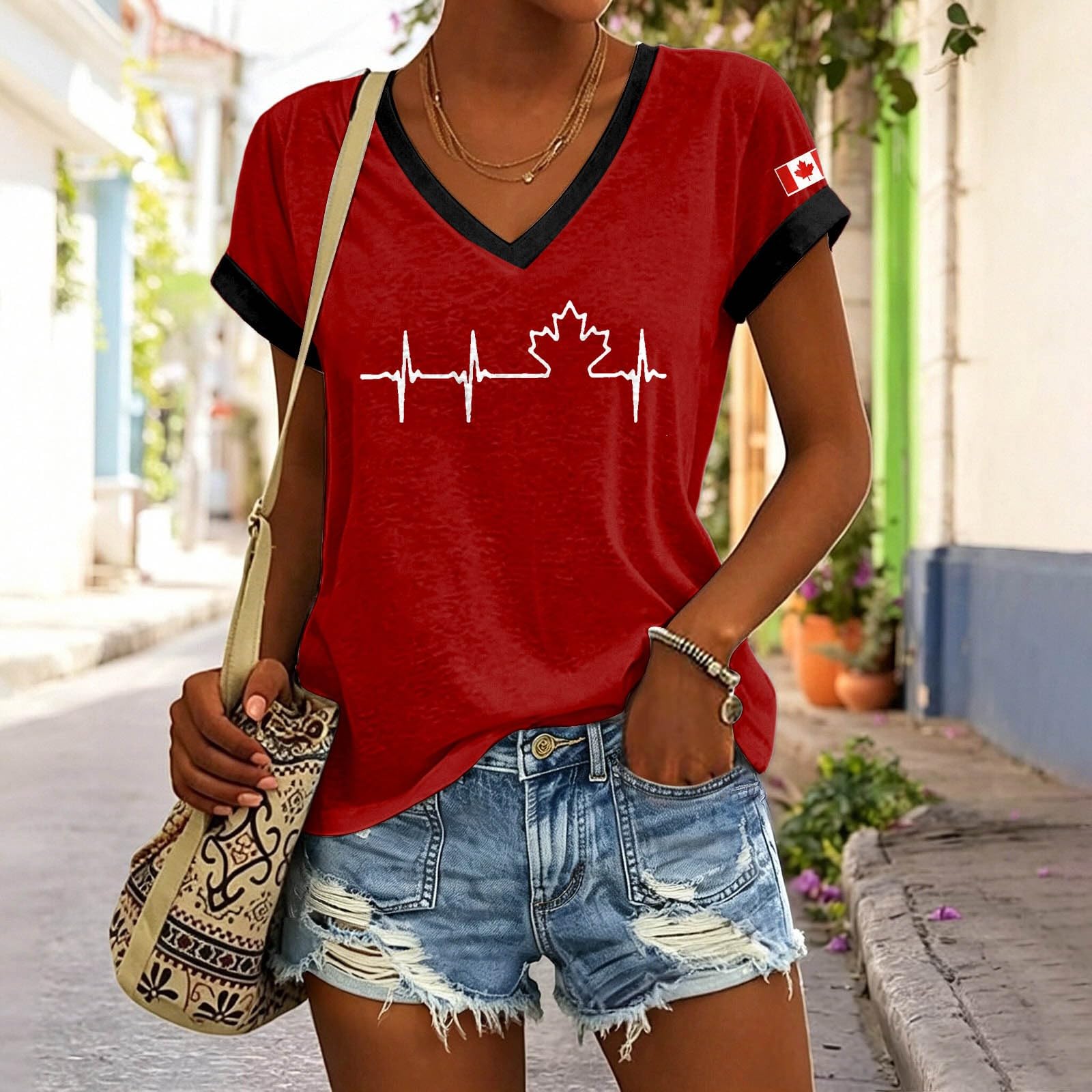 Women s V-Neck Short Sleeve Top with Soccer Print for Fans M