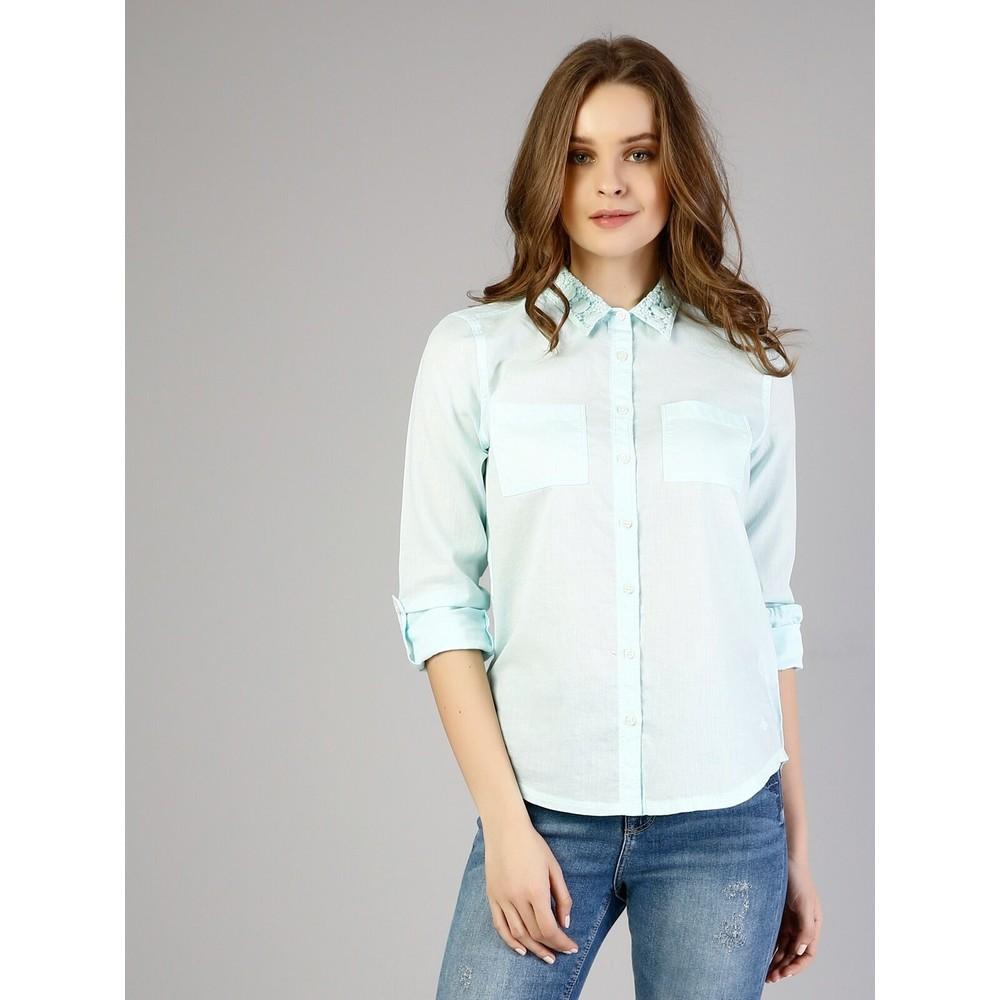 Buy Colins Slim Fit Shirt Neck Women Mint Green Long Sleeve Shirt at