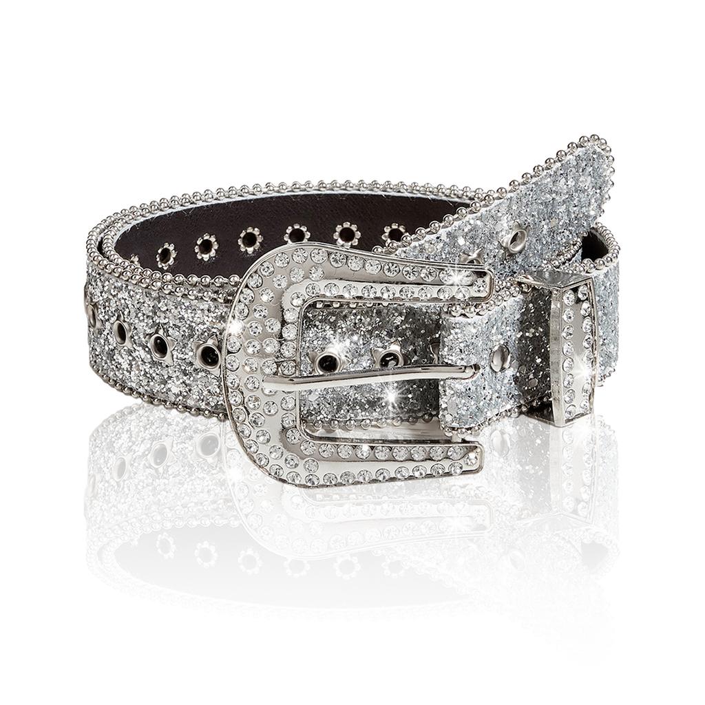 Fashion Women Wide Glitter Belt Golden Rhinestone Buckle Full Eyelet Design Western Style Waist Belt for Jeans Pants Dresses
