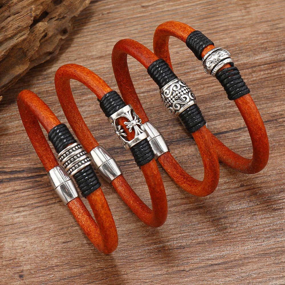 Skeleton Floral Leather Bracelet Men Women Vintage Silver Jewelry Alloy Magnetic Clasp Men Brown Cowhide Wrist Armband