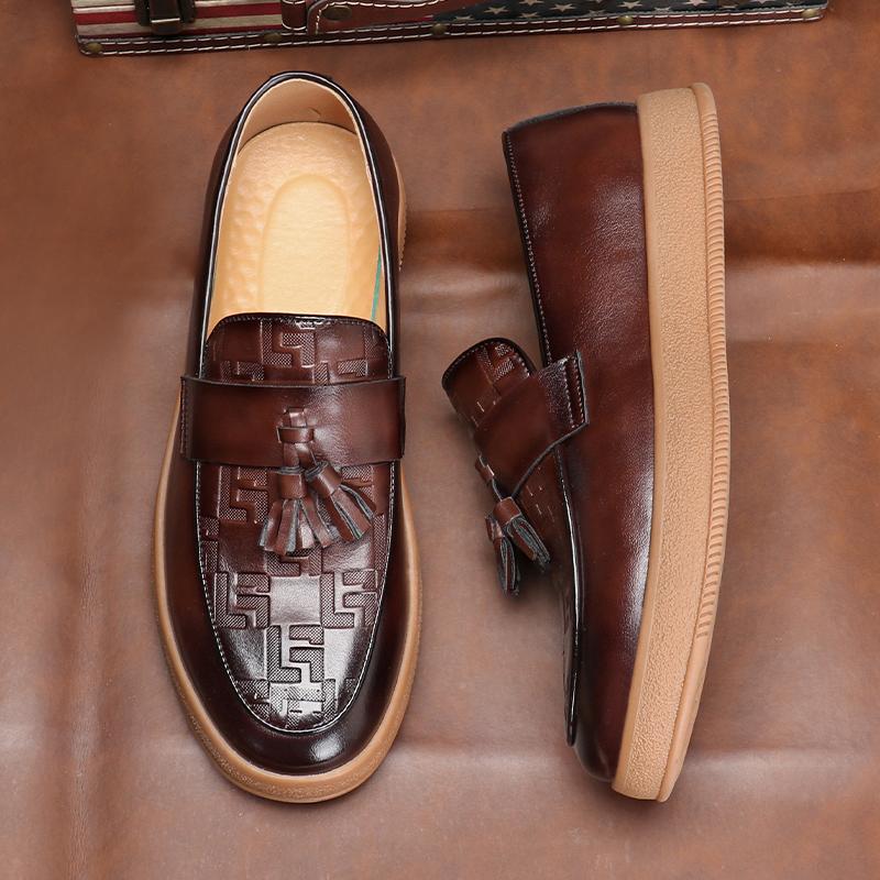 Men Classic Retro Tassels Loafers Fashion Men's Casual Shoes Embossed Leather Mens Slip-on Thick Sole Outdoor Flats 9607
