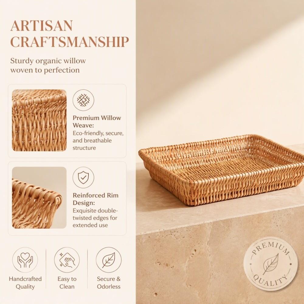 Rectangle Woven Serving Tray Wood Color Multifunctional Storage Basket Kitchen Counter Use