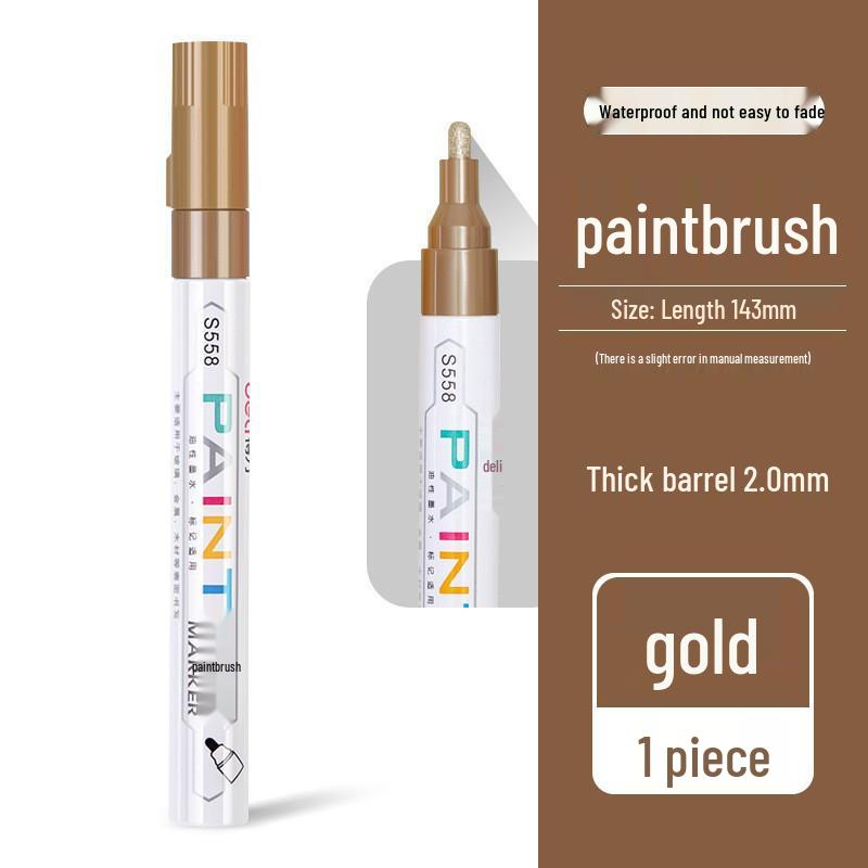Deli S558 White Paint Pen: Waterproof, Oil-proof, Colorfast Tire and Touch-up Marker for Gold Lettering.