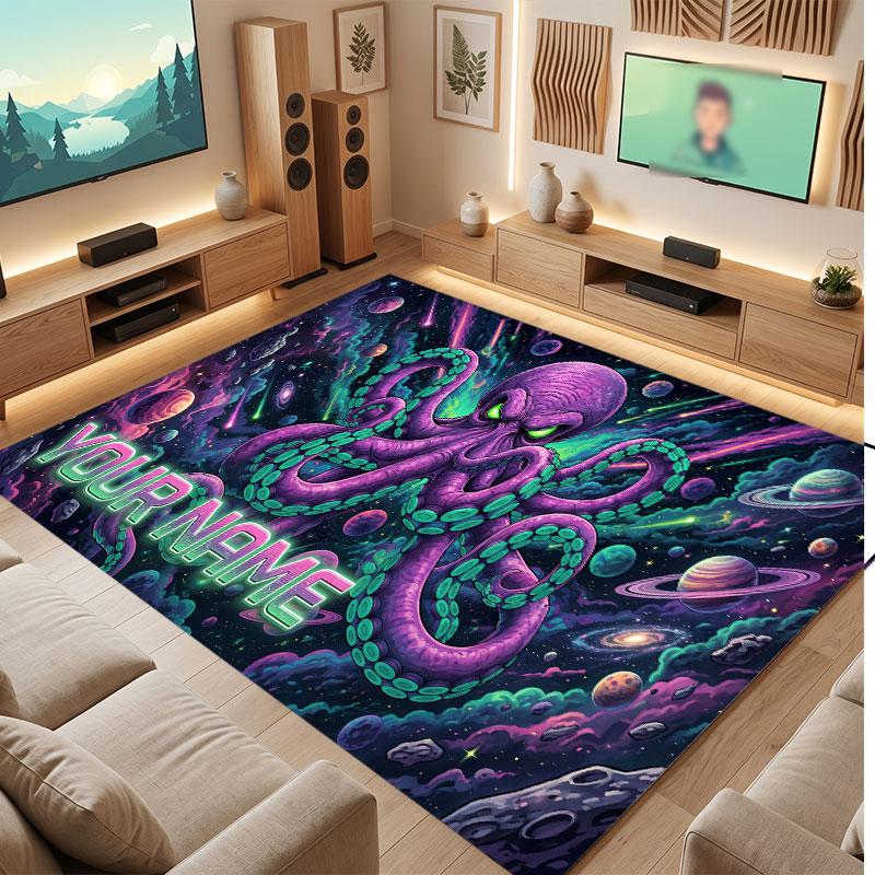 Octopus Sea Life Theme Crystal Velvet Floor Rug Personalized Custom Name Text Warm Carpet Home Decoration
