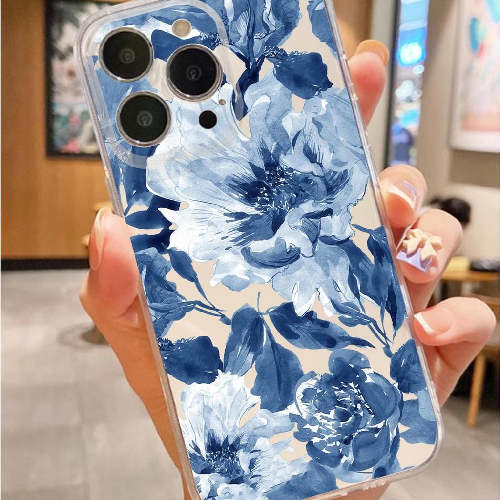 Blue Flower Transparent Anti-Drop Case for iPhone 14/15/16/17 Series Pro Max