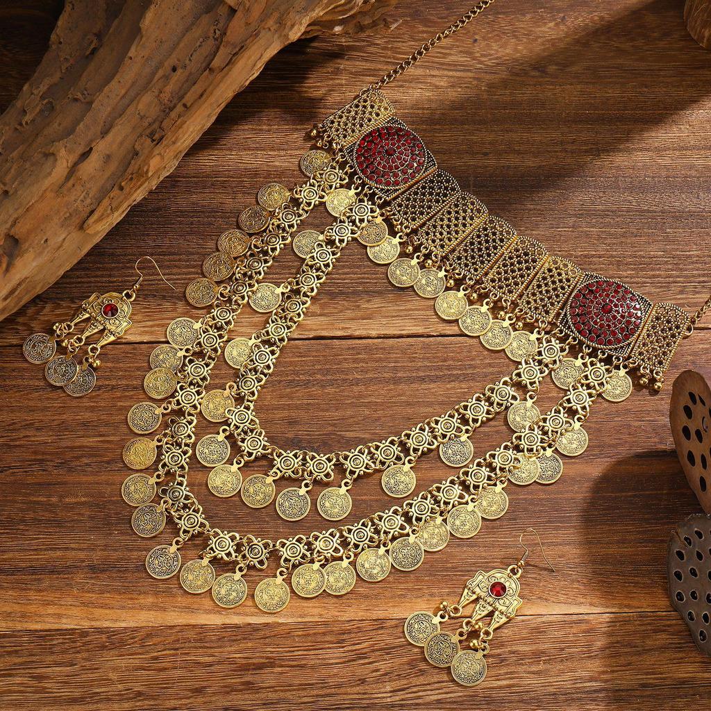 Set Collana e Orecchini Bohemien Retrò con Frange e Monete