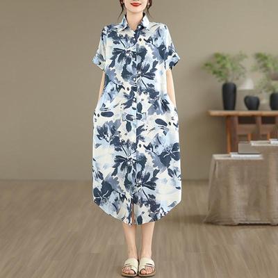 Short Sleeve Plus Size Cotton Vintage Floral New In Dresses for Women Casual Loose Long Summer Shirt Dress