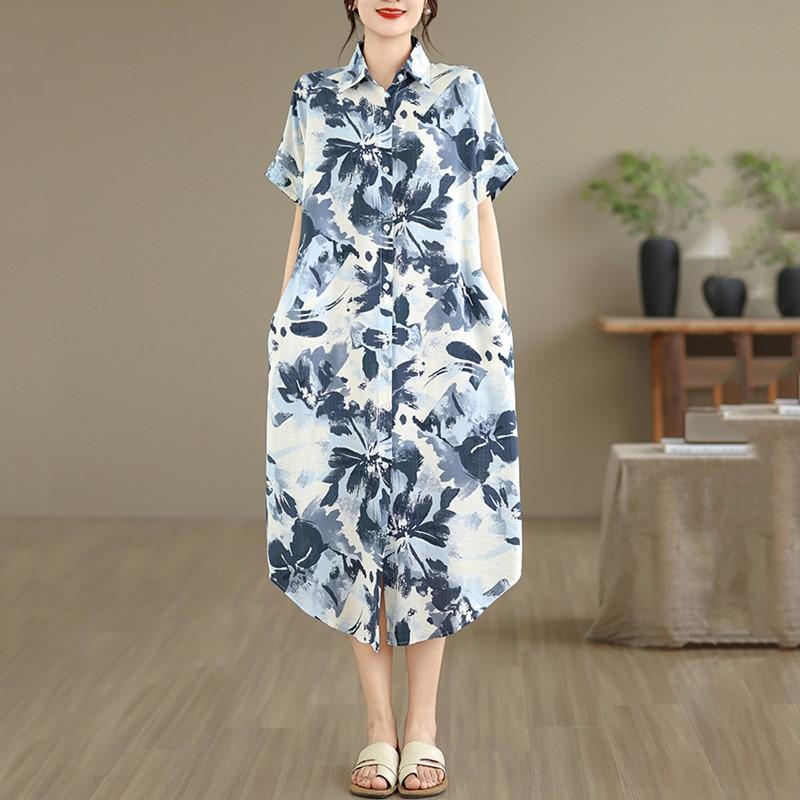 Manga corta Tallas grandes Algodón vintage floral nuevo en vestidos para mujer casual suelto vestido camisero largo de verano