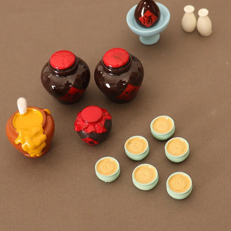 1 Set 1/6 1/12 Dollhouse Miniature Food And Game Simulation Low Table Square Table Wine Jar Wine Bowl Sake Model