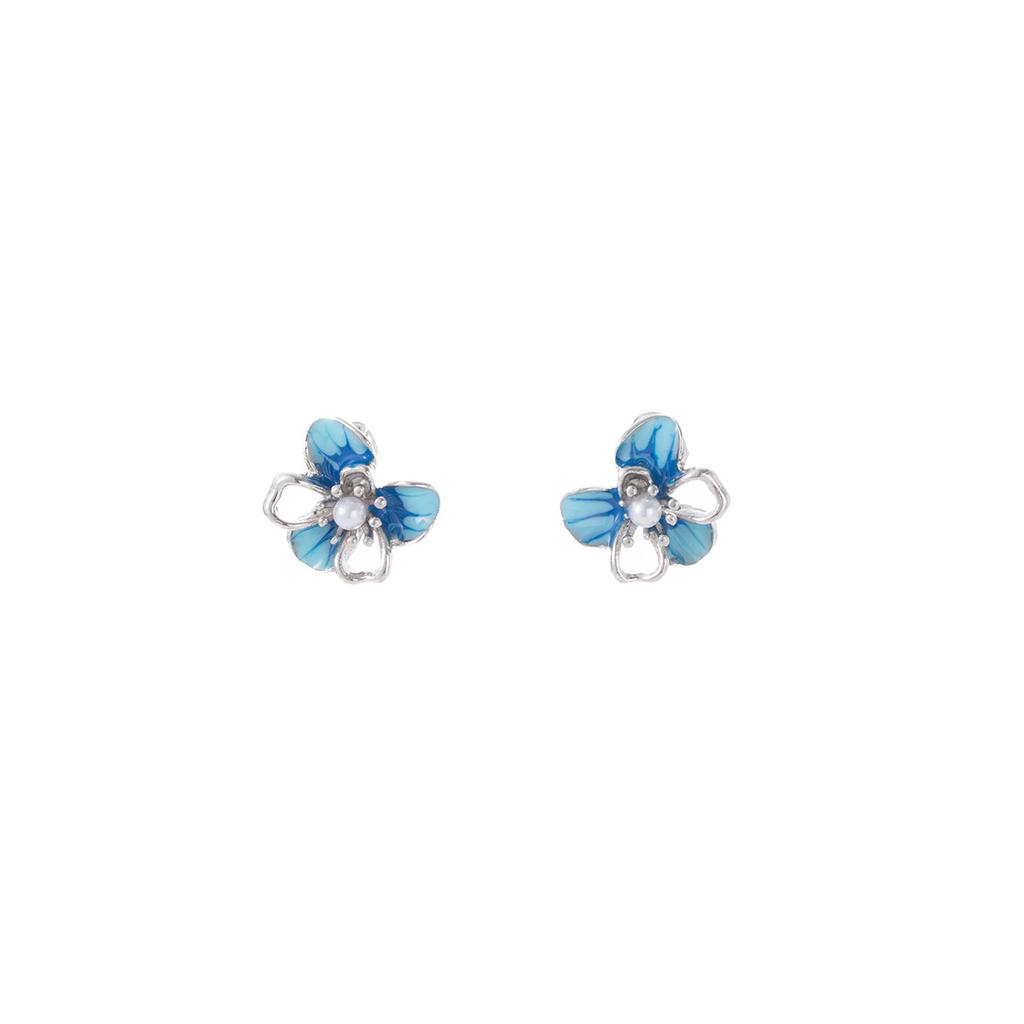Ethnic Style Blue Flower Pearl Stud Earrings Personalized Niche Earrings Fashion Temperament High-End Earrings
