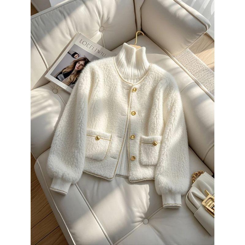 

Белая плюшевая куртка на одной пуговице со стойкой, женская осенняя темпераментная свободная и стройнящая кофта 2XL 130-72.5kg