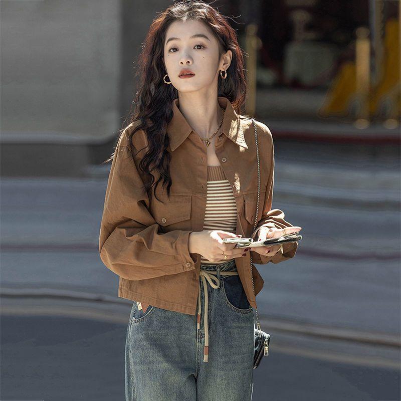 Women's Spring and Autumn Jacket Designer Style Hong Kong-Inspired Retro Long Sleeve Short Solid Color Shirt Top