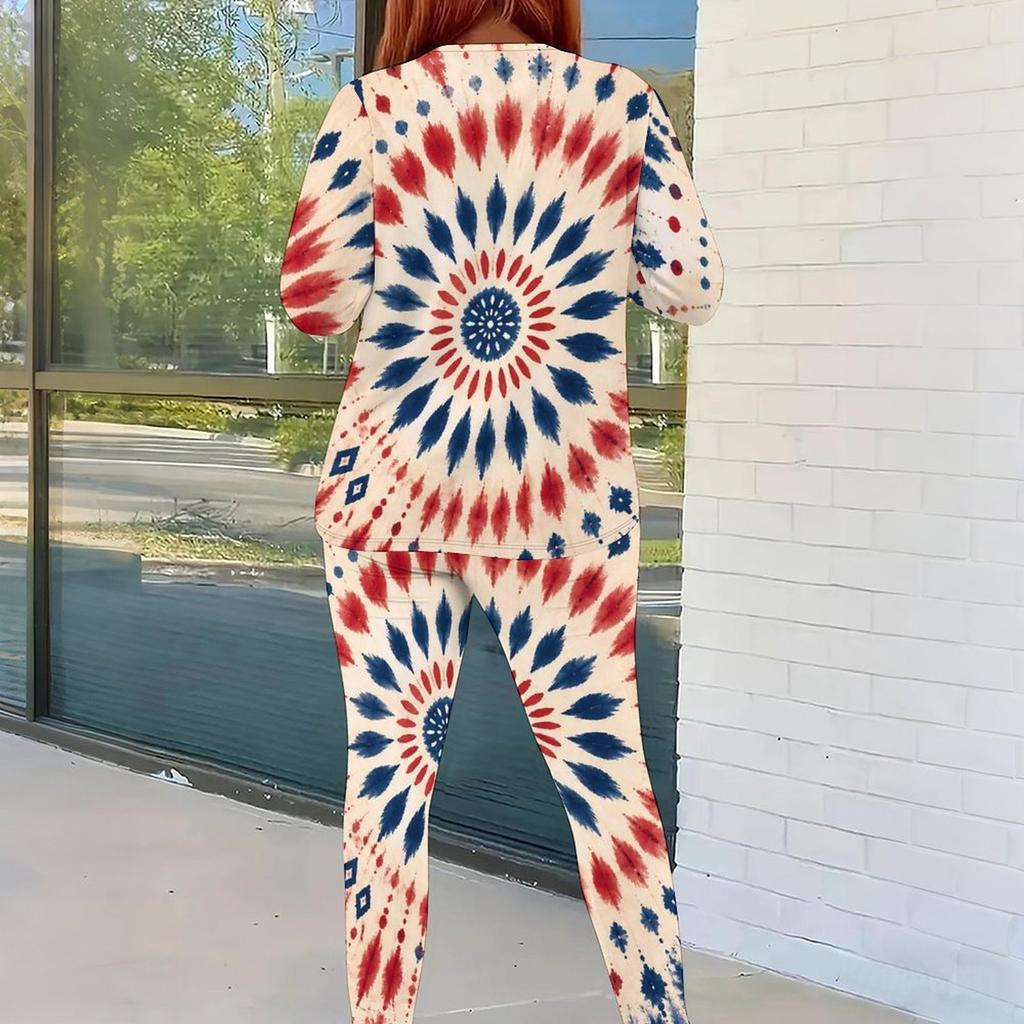 Women Plus Size Red Navy Star Printed Two Piece Set Round Neck Long Sleeve Top Fitted Pants