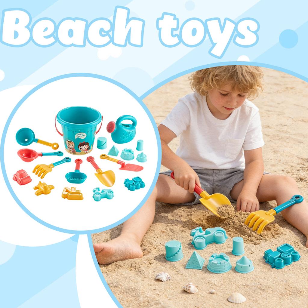 18 Piece Beach Toy Set with Bucket Watering Can Shovel Rake and Sand Molds for Outdoor Sand Play and Water Activities