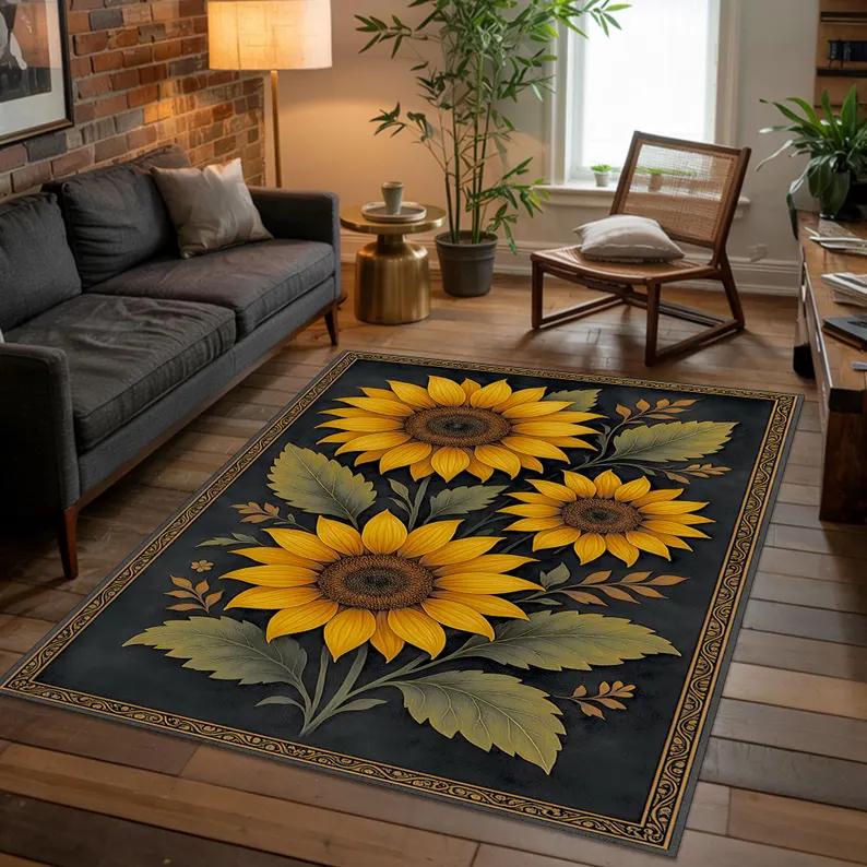 Boho Sunflower Carpet Floral Print Soft Non-slip Water-absorbent Rug Botanical Mat for Living Room Bedroom Study Daily Decor