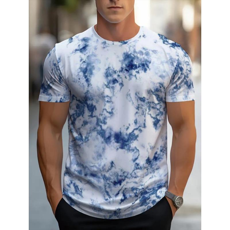 Men's casual tie-dye short-sleeved T-shirt, blue and white abstract pattern, slim fit, breathable fabric, suitable for daily wear or light activities