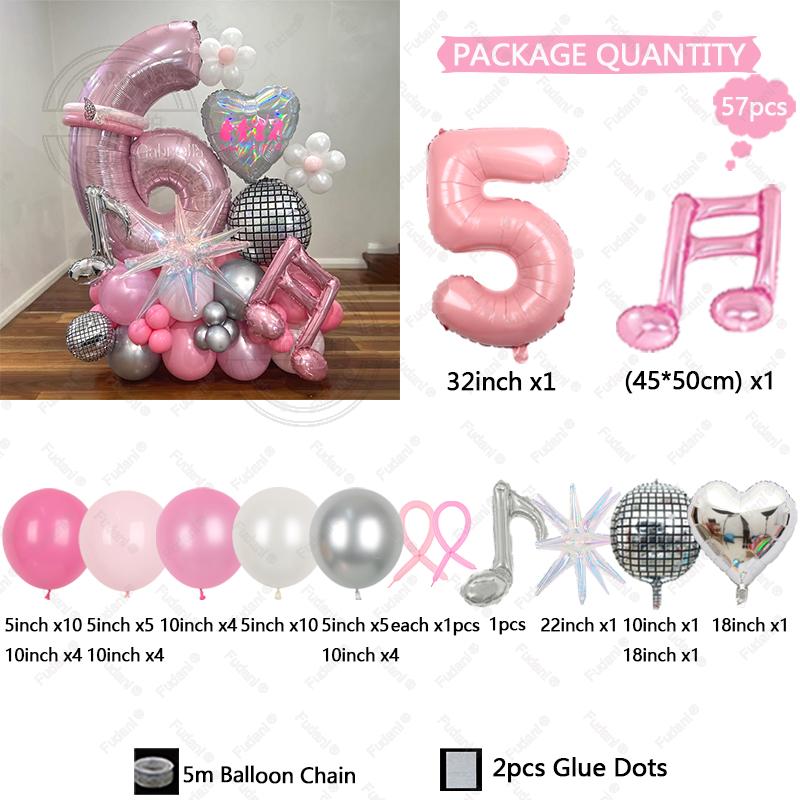 57pcs Slivery Heart Disco Balloon Silver Number Birthday Balloon Set Pink Music Note Children Adult Festive Party Decorations
