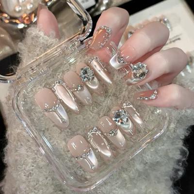 Light Luxury Full Diamond Silver White Cat's Eye Handmade Wearable Nails, Elegant and White, Gentle and High-end, Nail Art Stickers, False Nails