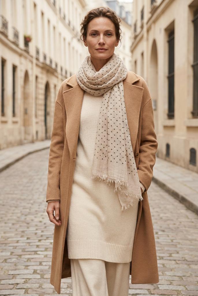 Cream Polka Dot Scarf - 50% Viscose, 50% Cotton