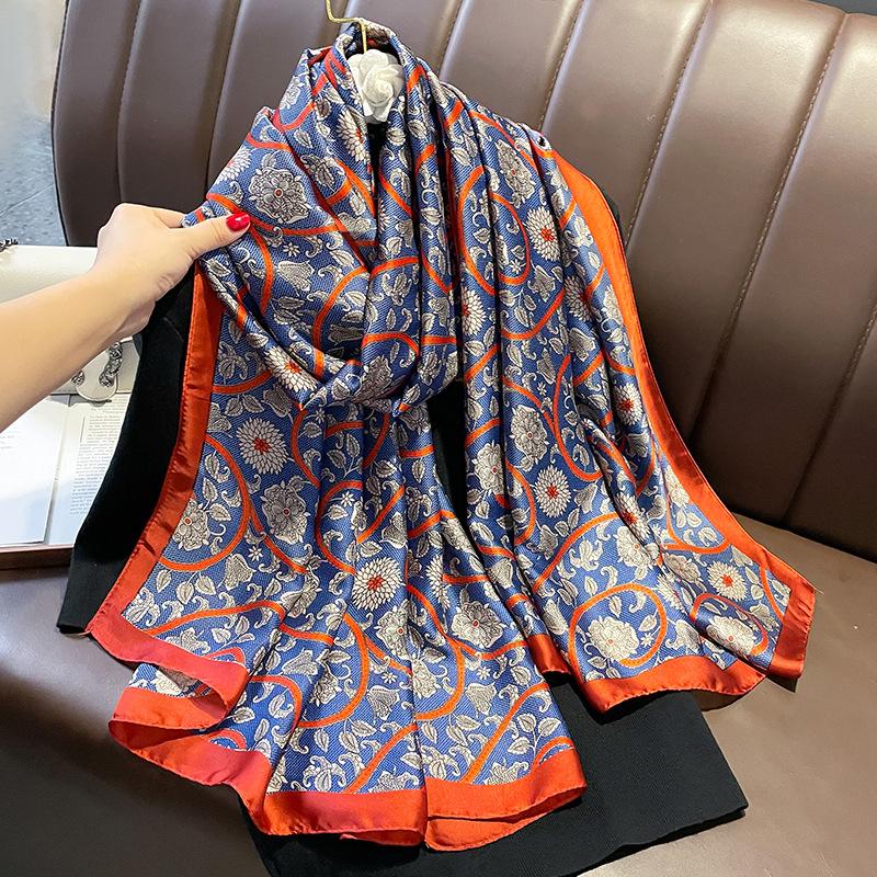 Spain Fashion Brand Women Silk Scarf Luxury Floral Stain Pashmina Shawls and Wraps Foulard Femme Bufandas Beach Hijab 180*90Cm