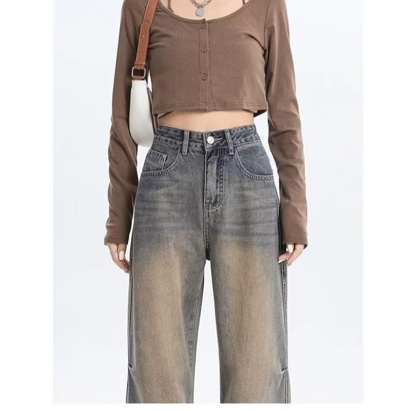 

Женские джинсы с высокой посадкой и широкими штанинами в стиле ретро - Коллекция Весна/Осень 2025 - Свободный драпирующийся дизайн с прямыми штанинами до пола 3XL: 155-165cm, 150-165lbs