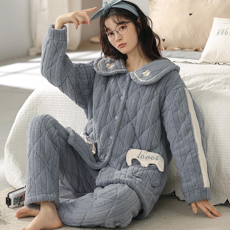 Coral Velvet Quilted Pajamas Women's Winter Three Layer Thick and Fleece Home Wear Women's Winter Flannel Thermal Set