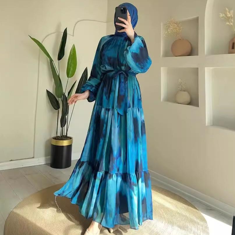 

2024 Осень Женское Модное Шифоновое Платье с Принтом L павлин голубой