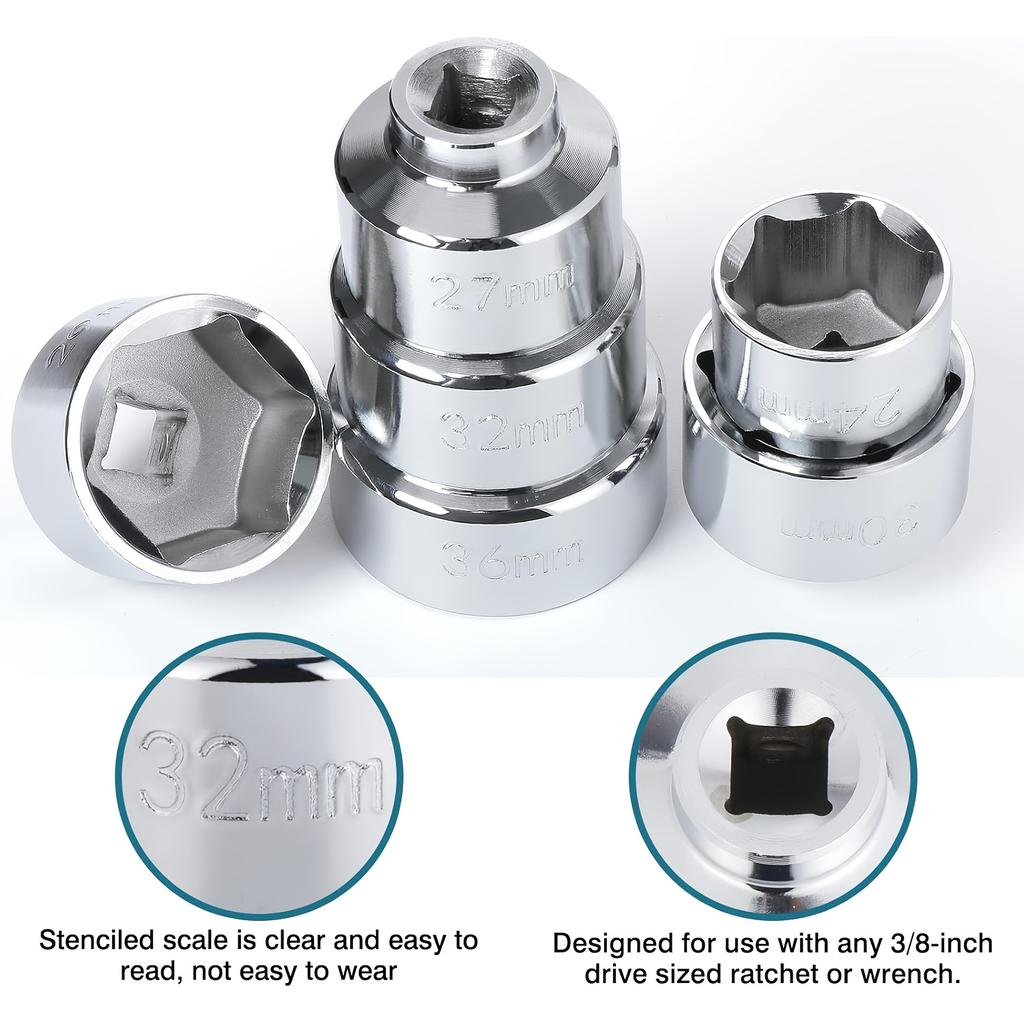 Heavy-Duty Oil Filter Removal Socket Set-3/8" Drive, 24-38mm-Precision Cap Wrench Kit For Quick & Hassle-Free Car Oil Filter