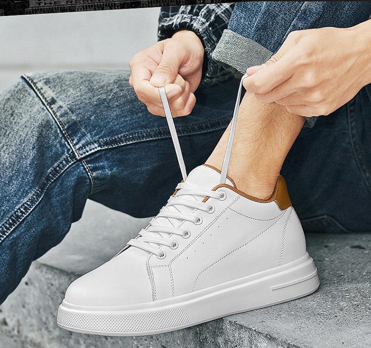 Pánské kožené tenisky zvyšující výšku o 8 cm - Bílé, Trendy silná podrážka, Prodyšné a ležérní sportovní styl