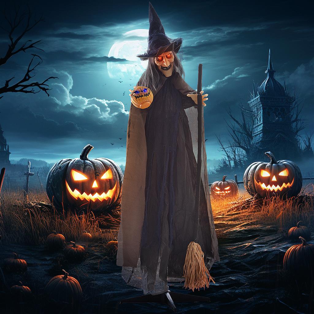 Bruxa de 1,88m com Vassoura Halloween Animatrônica, com Olhos Brilhantes