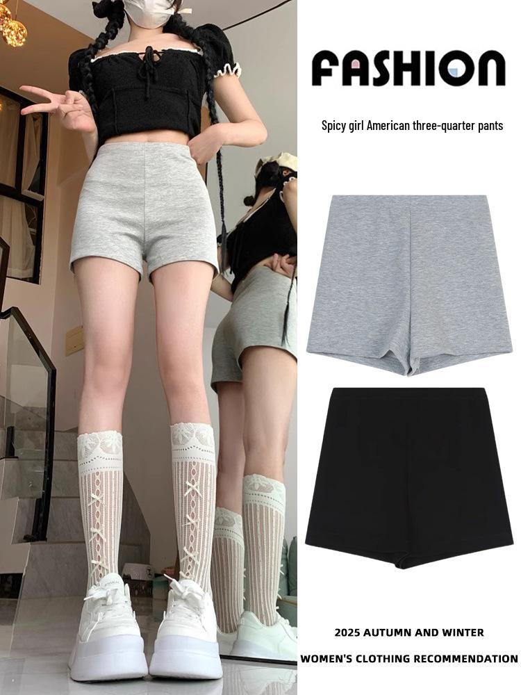 European Style Women's Grey Low-Waist Wide-Leg Sports Shorts - Summer Casual Three-Quarter Straight Leg