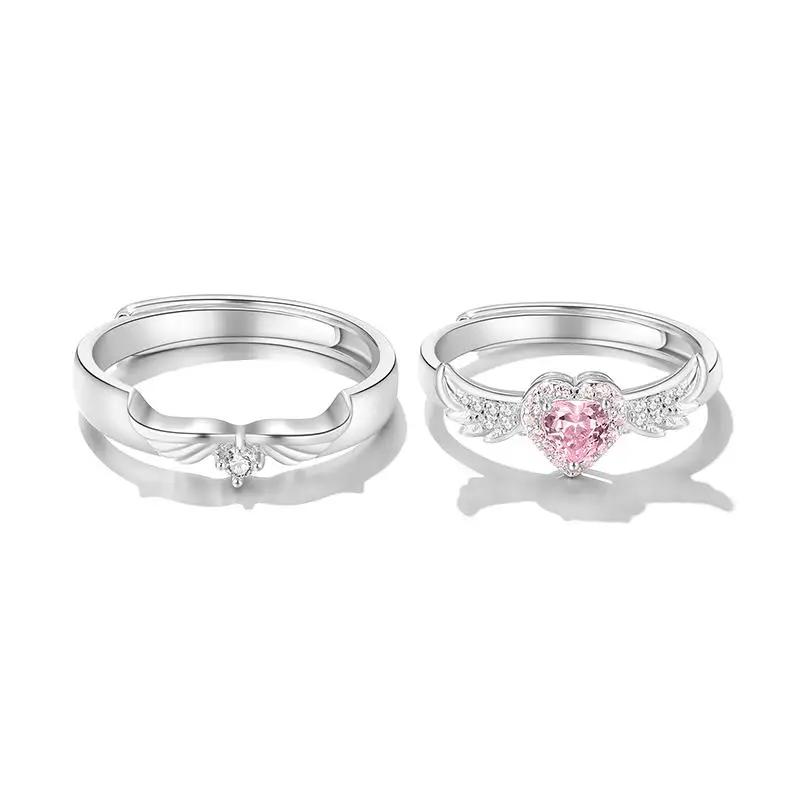 Chic Angel Wing Ring for Couple Pink Heart Cubic Zirconia Eternity Rings Romantic Forever Love Finger Jewelry Valentine Day Gift