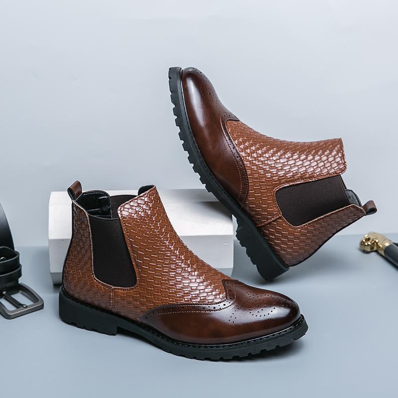 New Fashion Weave Pattern Mid-Calf Ankle Boots Fashion Business Dress Leather Boots Men's Short Boots Male Boots Elegant Brogue