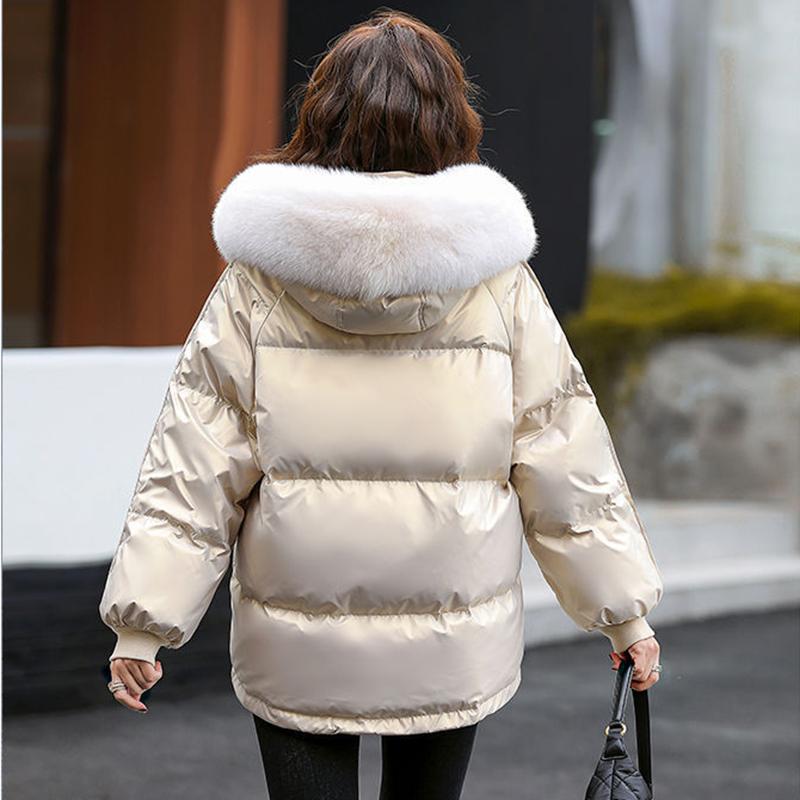 Herbst- und Winter Daunenjacke mit weißen Entendaunen für Damen, kurze und glänzende Baumwolljacke, modisch und warm, Baumwolljacke mit lockerem Kragen