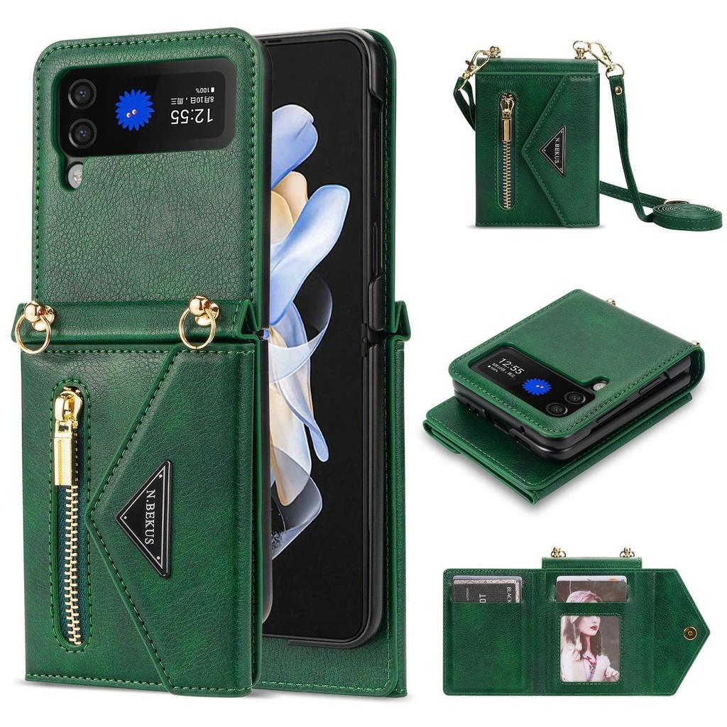 Applicable to Samsung Z Flip4/3 mobile phone case folding flip card ZFlip5/6 lanyard zipper wallet leather case