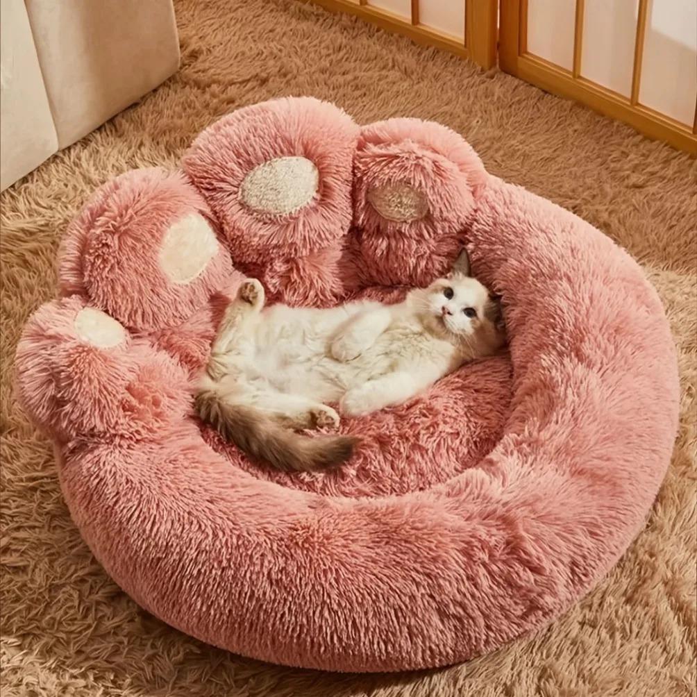 Fluffy Dog Cat Bed,Warm Dogs Beds Sofa,Cute Bear Paw Shape Pets Kennel Mat Puppy Cats Supplies Basket,Pet Accessories.