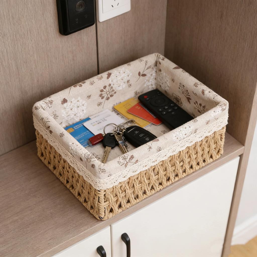 Storage Baskets Set of 3,Decorative Paper Rope Woven storage Baskets with Liner,Rectangular Storage Bins Container for Makeup Be