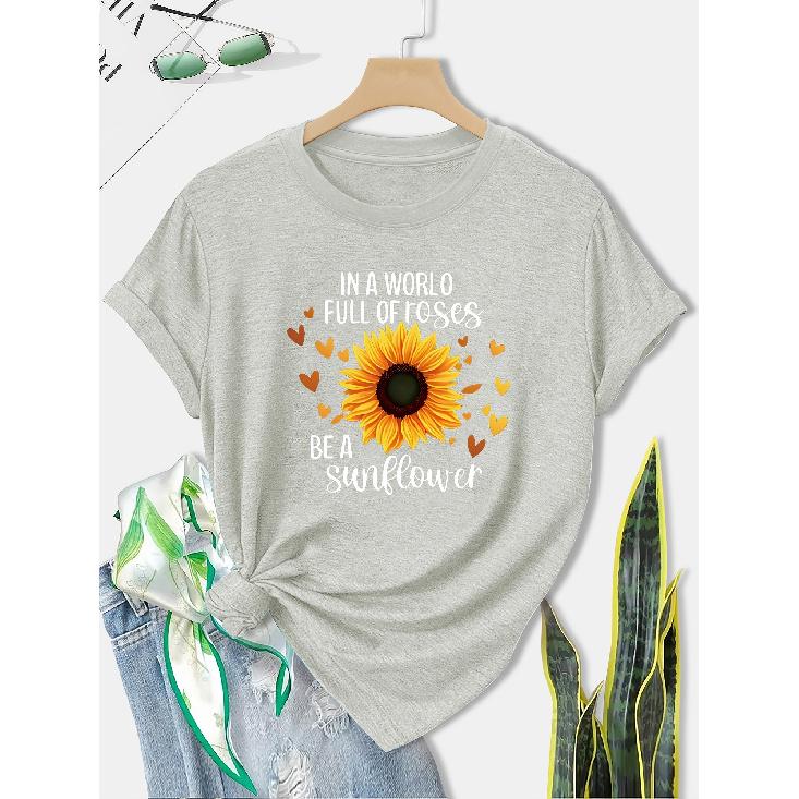 Women's European and American Summer Short-sleeve Shirt with Contrasting Colors and a Simple, Unique Sunflower Print Surrounded by a Heart