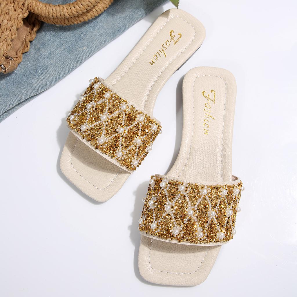[Foreign Trade] Flat-bottomed Temperament Sequined Cool Slippers Women's Shoes Wear Soft-soled High-end Silver Sandals