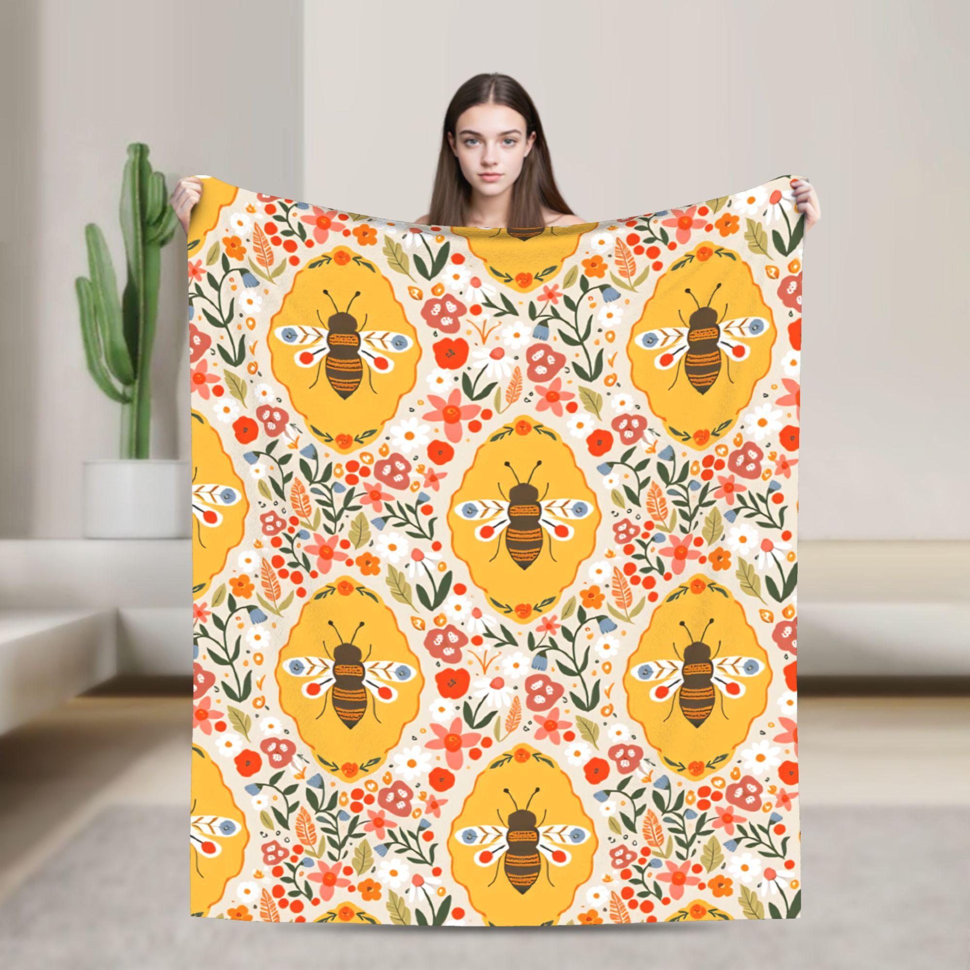 Bee in honeycomb and flowers Blanket Quality Warm Soft  Throw Blanket Spring Decorative Outdoor Pattern Bedspread 75x90cm