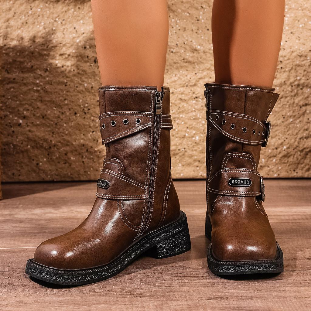 Fashion Vintage Buckle Strap Mid-Calf Boots for Women Brown Pu Leather Motorcycle Combat Shoes Woman Autumn Winter Chunky Heel Booties