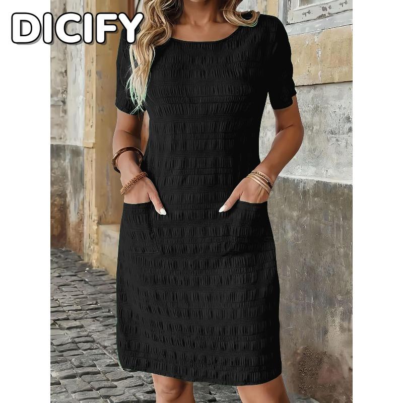 DICFY Women's Fashion Summer Spring Solid Color Print Short Sleeve O-Neck Casual Dresses