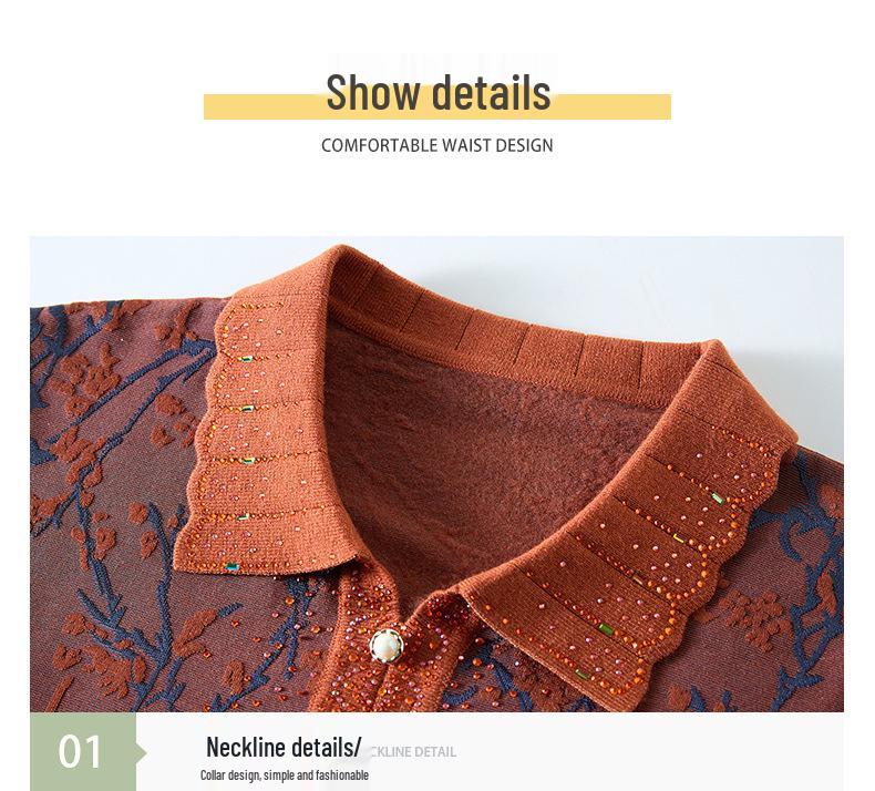 2026 Elegant Jacquard Lapel Long Sleeve T-shirt for Mothers - Spring/Autumn Fashion Pullover