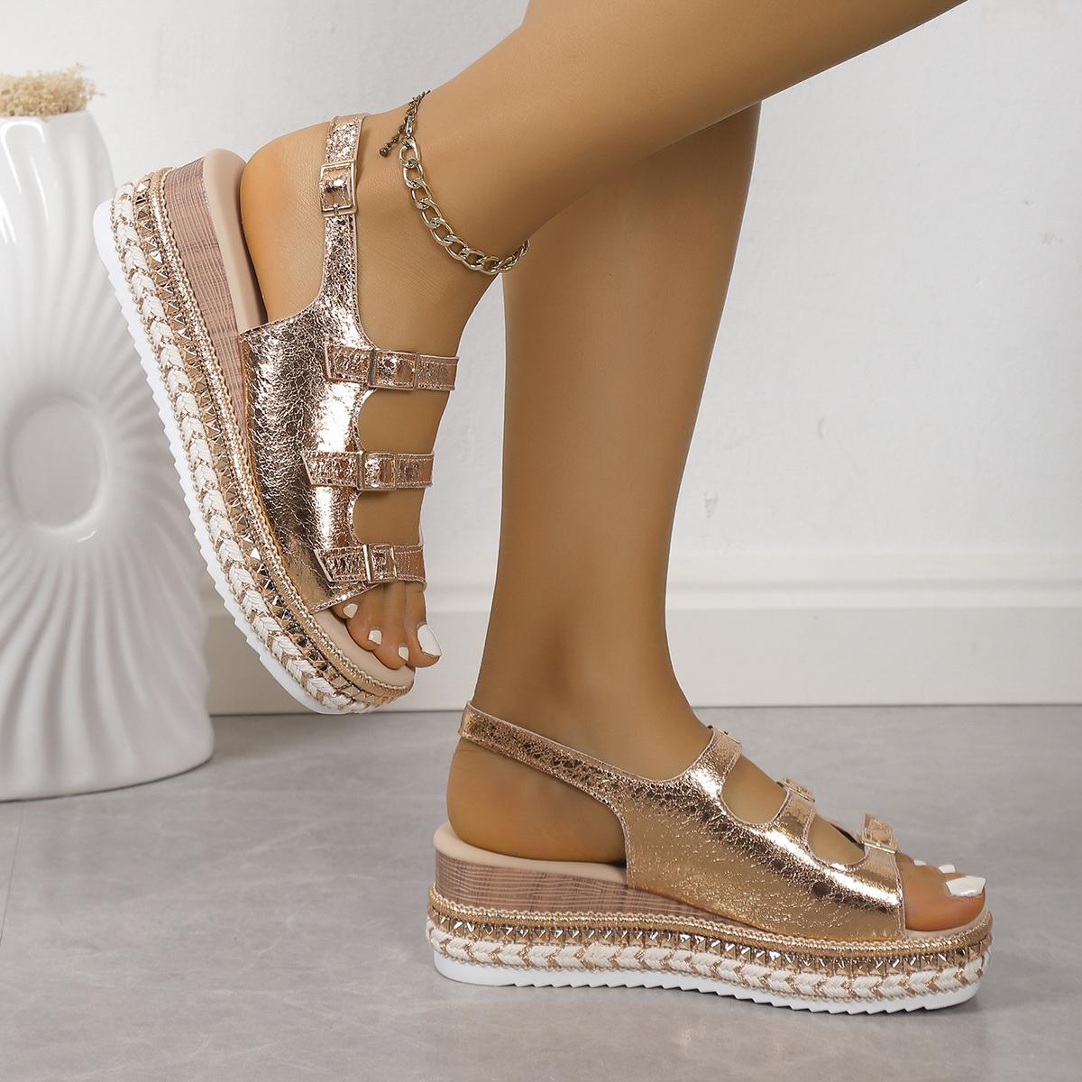 

Fashion Women Wedges Sandals 2024 Summer New Sexy Shoes for Women Ladies Peep Toe Gladiator Wedges Buckle Sandals Women Zapatos De Mujer 42 золотой