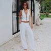 Spring Summer 100% Cotton 2 Piece Set Women Halter Neck Vest + Wide Leg Long Pants Outfit Casual Lace-up Matching Set