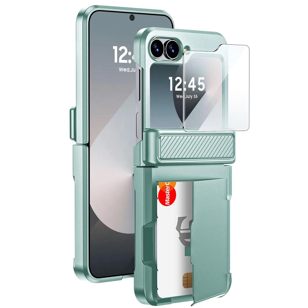 For Samsung Galaxy Z Flip 6 with Card Holder [RFID Blocking] & Hinge Protection & HD Screen Protector,Rugged Anti-Scratch Phone Case-Black