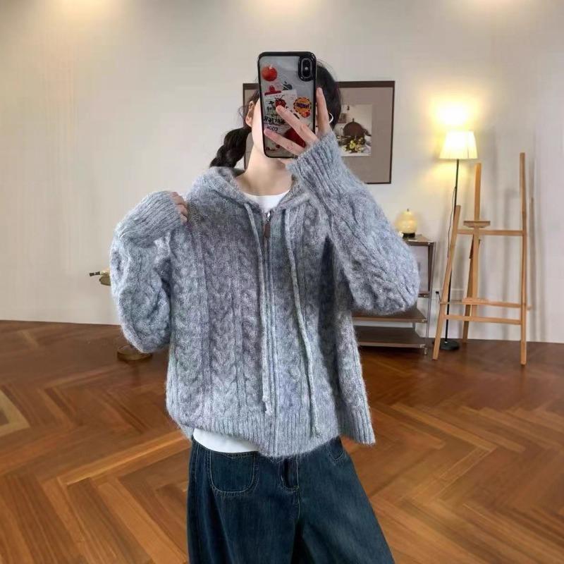 Lazy wind hooded double zipper sweater jacket women's autumn and winter new long camel hair loose twist versatile knitted cardigan