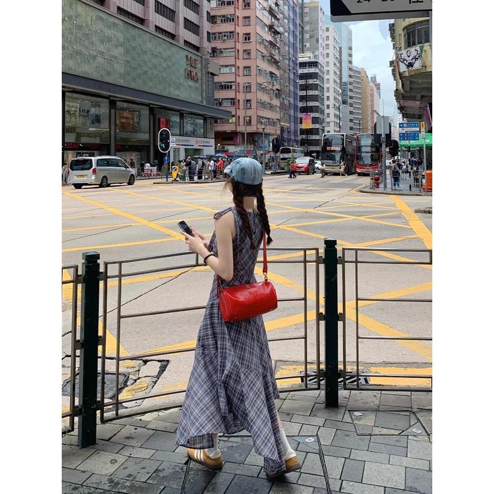 Plaid neck sleeveless vest dress children's summer new foreign style small man high sense irregular long dress