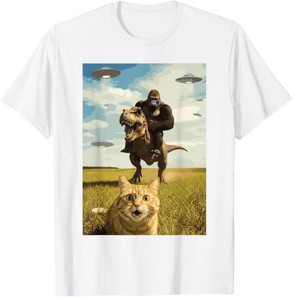 Gorilla Riding T Rex with Cat UFO Meme Graphic Tee Funny Casual Crewneck TShirt for Men