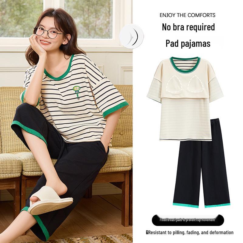 Summer Sweet Style Women s Cotton Pajama Set: Short Sleeve Top & Seven-Point Pants XXL (175): Suitable for 140-160 lbs
